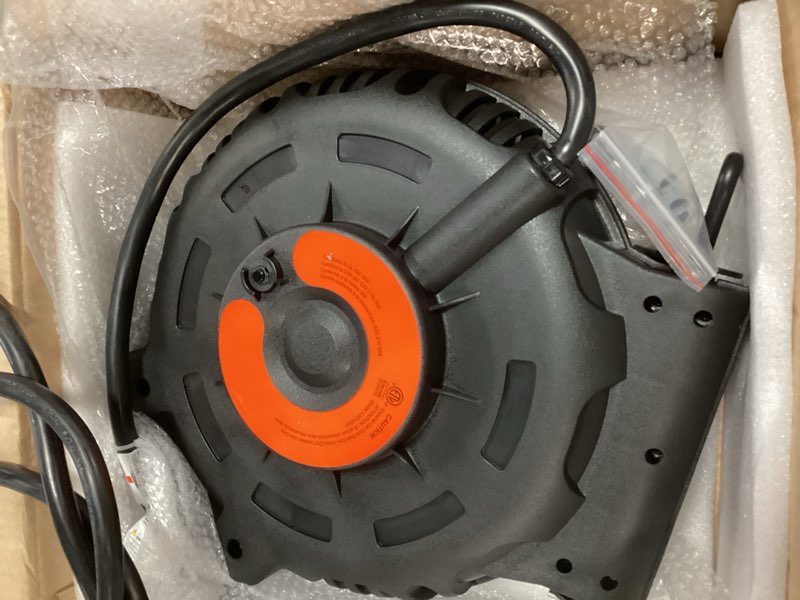 Condition photo showing As Is for DEWENWILS Retractable Extension Cord Reel, 40FT 10AWG/3C SJTW Heavy Duty Power Cord, 4 Grounded Outlets, 20 Amp Circuit Breaker, 2500W, 180° Swivel Bracket for Ceiling/Wall Mount, ETL Listed