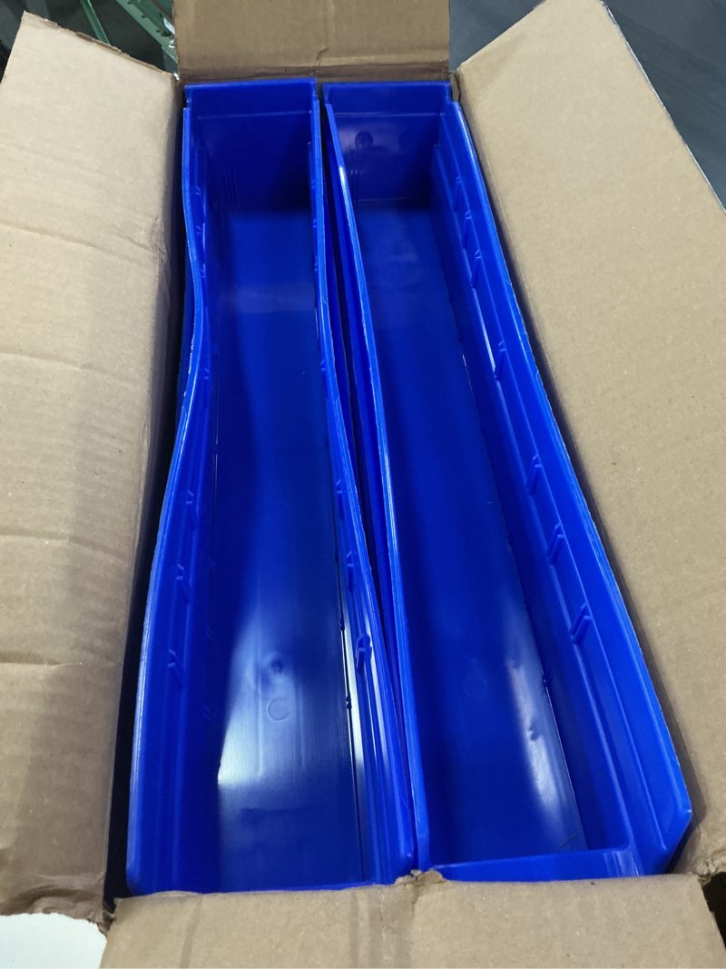 Condition photo showing Good Condition for hudson exchange 18 x 4 x 4" (12 pack) plastic nesting storage 18” shelf bin container - 15 lb capacity, blue blue 12 pack