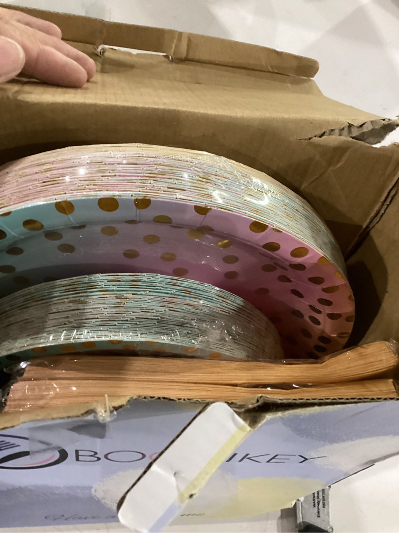 Condition photo showing Good Condition for 150pcs pastel rainbow plates and napkins party supplies golden dot pastel paper plates disposable for girls birthday baby shower graduation party patriotic day, serves 50 rainbow/gold