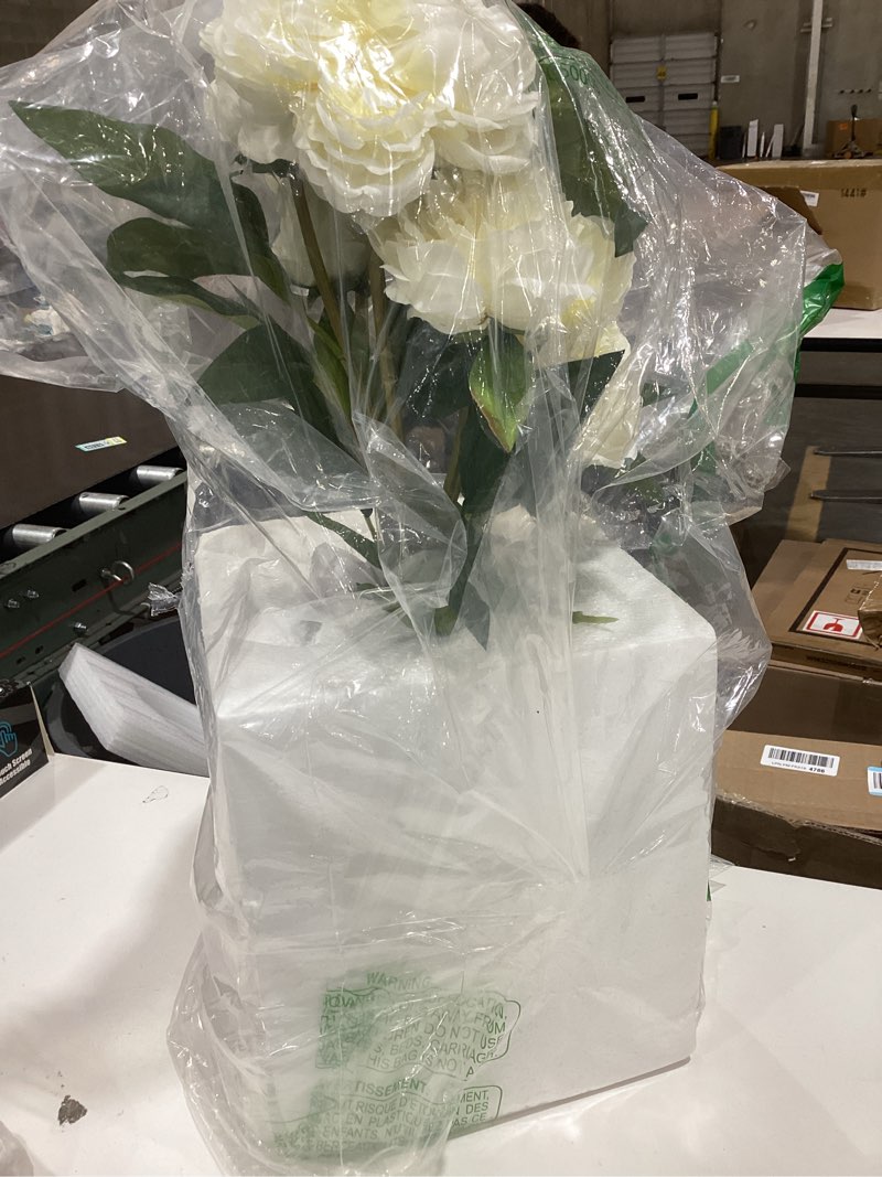 Condition photo showing New/Like New for Elements Artificial White Peony in Blue Glass Vase, Realistic Look and Feel White Peony in Blue Vase