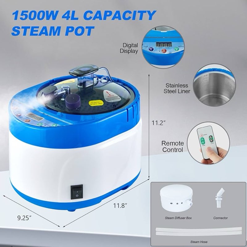 zonemel sauna steamer portable pot 4 liters, stainless steel steam generator with remote control, spa machine with timer display mist moisturizing for body detox, home spa (blue, us plug)
