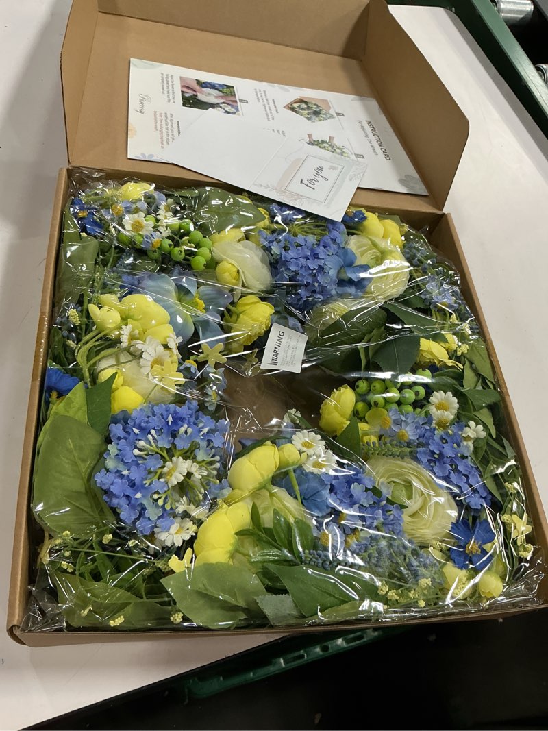 Condition photo showing New/Like New for 24 inch spring wreath for front door, artificial hydrangea, anemone & wild daisy flowers with berry accents, spring and summer door wreath for indoor outdoor decor