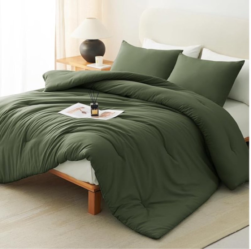 cozylux dark olive green king size comforter set, 3 pieces solid breathable quilted style bedding sets, luxury soft bed set with down alternative comforter all season (1 comforter & 2 pillowcases)