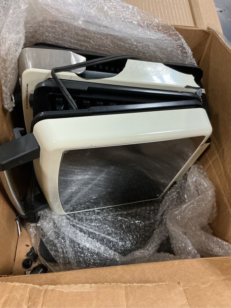Condition photo showing As Is for greenpan elite 4-square belgian & classic waffle maker,healthy ceramic nonstick dishwasher safe plates, adjustable shade/crunch control, wont overflow, easy cleanup breakfast, pfas-free, white 4-square waffle iron cream white