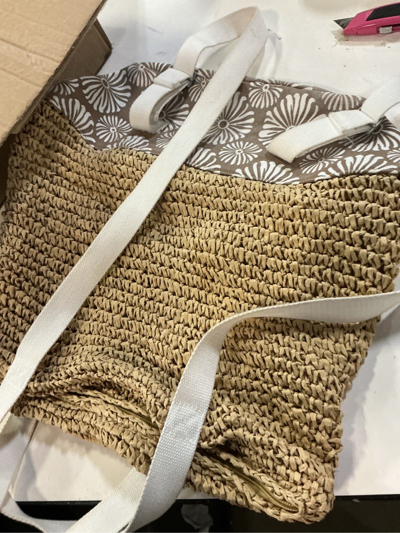 Condition photo showing As Is for Roxy Women's Beach Tote Bag | Travel | Vacation | Straw | Lightweight | Breathable Beach Lover - Portabella Tropical Tile