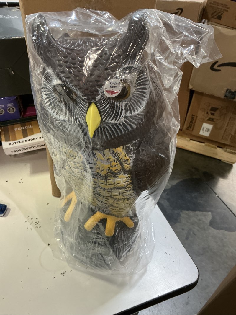 Condition photo showing New/Like New for solar owl guard with motion detector, flashing eyes, spinning head, realistic hooting and silent mode, garden owl, outdoor statue, decoration for home, garden, patio and fence