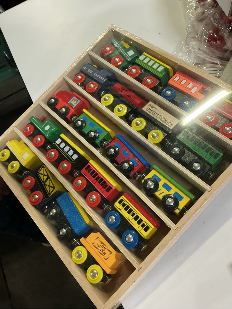 Condition photo showing New/Like New for wooden train set - 80 pc train tracks & accessories, magnetic trains cars for toddlers & older kids - compatible with thomas, melissa & doug, brio, chugginton wood train sets