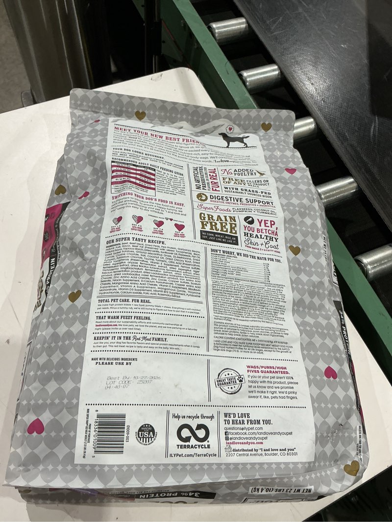 Condition photo showing New/Like New for i and love and you nude super food dry dog food - red meat medley - prebiotic + probiotic, grain free, real meat, no fillers, 23lb bag red meat medley 23 pound (pack of 1)