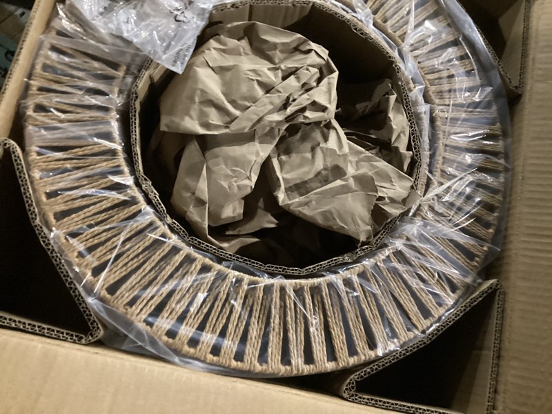 Condition photo showing New/Like New for 19" boho rattan chandelier for dining room light fixture, 5-light hand woven wicker pendant light fixture, farmhouse rustic hanging black chandelier for dining room, kitchen island, living, bedroom brown rope & black 19 inch