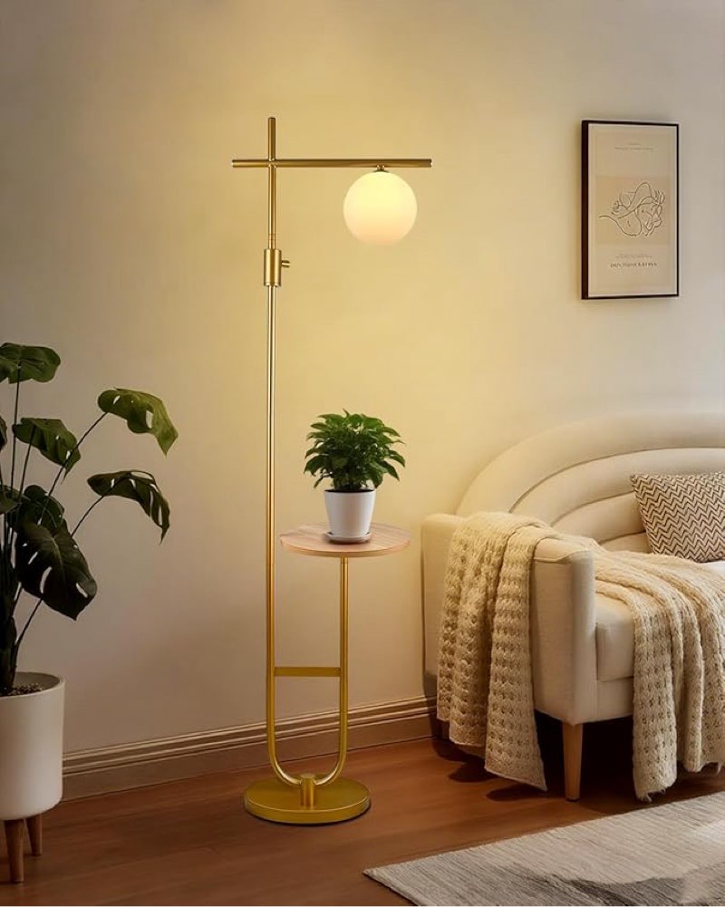lightdot 66in gold dimmable floor lamps with table, modern standing tall lamp with globe lampshade, 