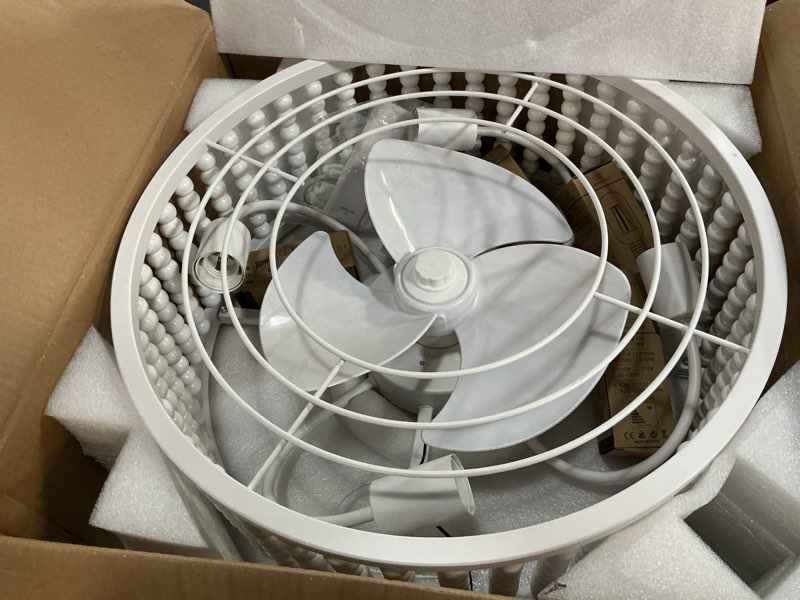 Condition photo showing Good Condition for ceiling fans with lights and remote - bulbs included | tropical caged fandelier with handcrafted beaded décor | flush mount installation fan lighting fixture | 19 inches | off-white off-white 19.2