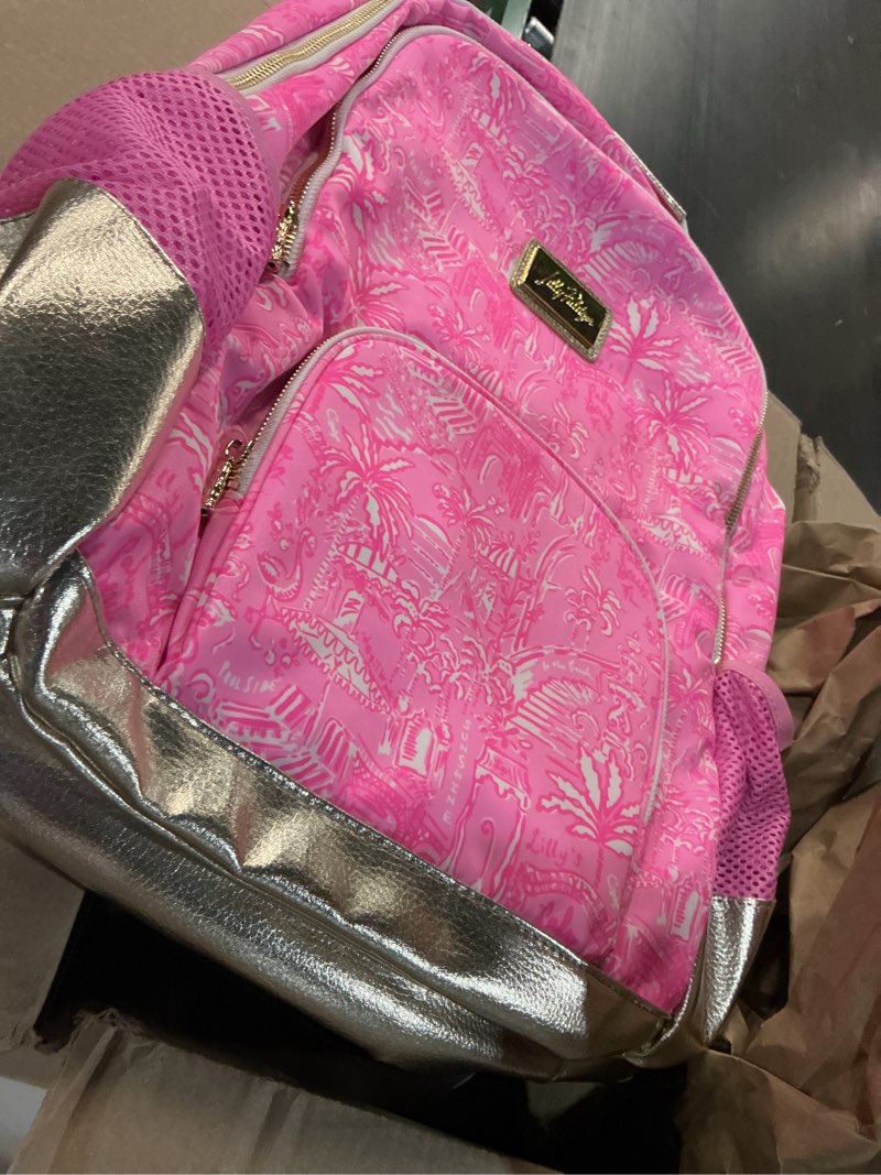 Condition photo showing Good Condition for lilly pulitzer large backpack with pockets, adjustable straps and top handle, large bookbag for work and travel (palm beach playground)