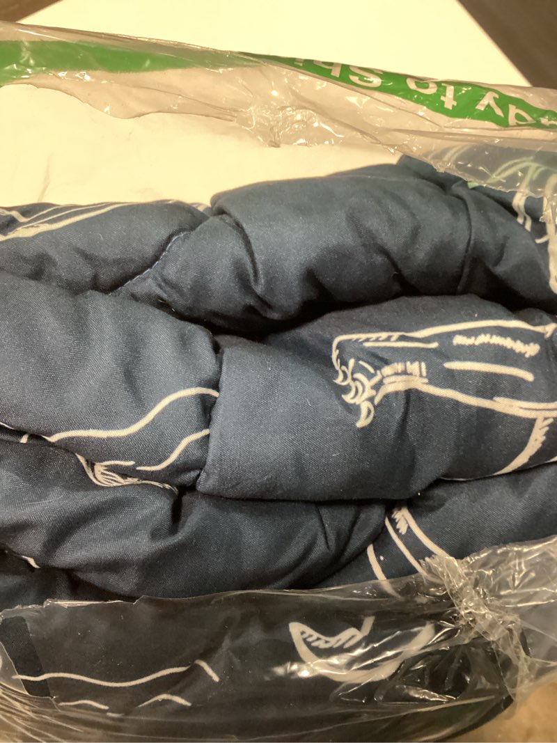 Condition photo showing Good Condition for 4 pieces dinosaur toddler bedding set for boys, soft breathable toddler comforter set, dino print navy, includes reversible comforter, white fitted sheet and flat sheet, pillowcase