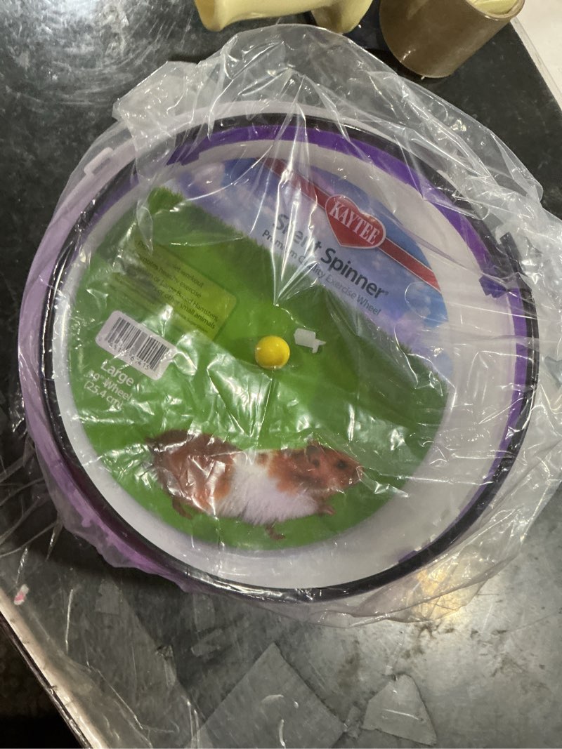 Condition photo showing As Is for kaytee silent spinner wheel for pet syrian or large breed hamsters, sugar gliders and gerbils, large 10 inch (colors may vary) large 10"
