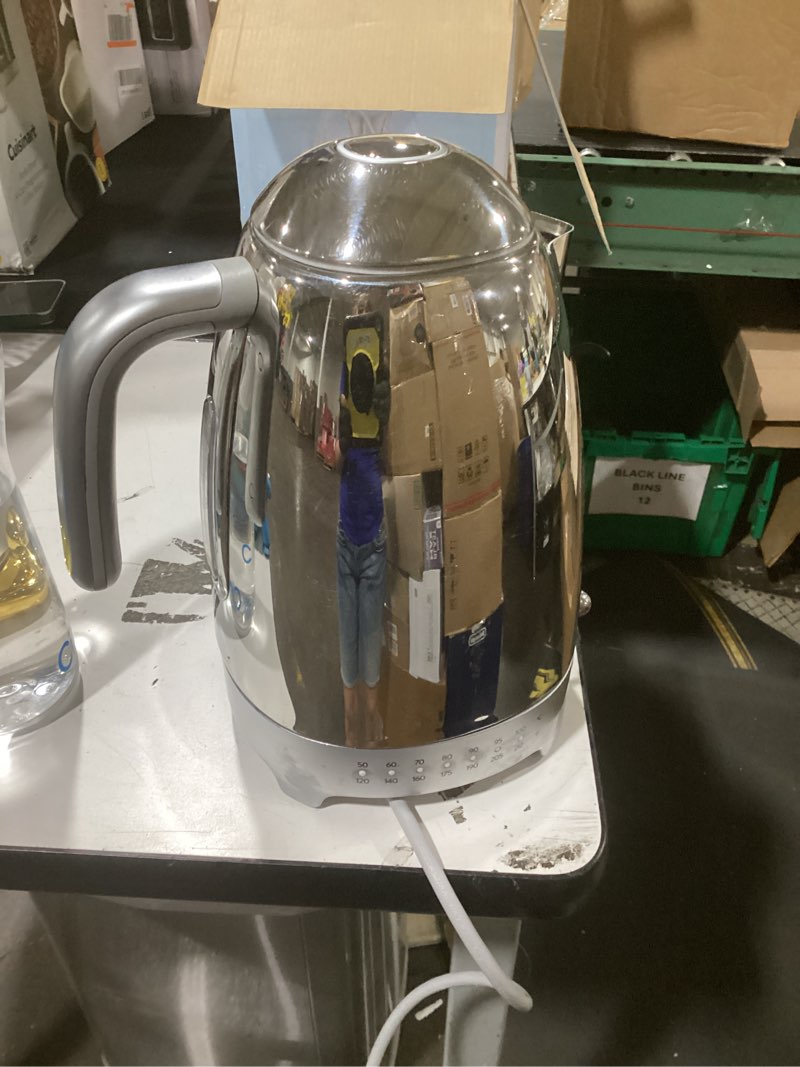 Condition photo showing As Is for smeg 7-cup variable temperature electric kettle - retro style aesthetic with advanced technology - stainless steel, 1400w, 120v, 360° swivel base, keep warm function (stainless steel)