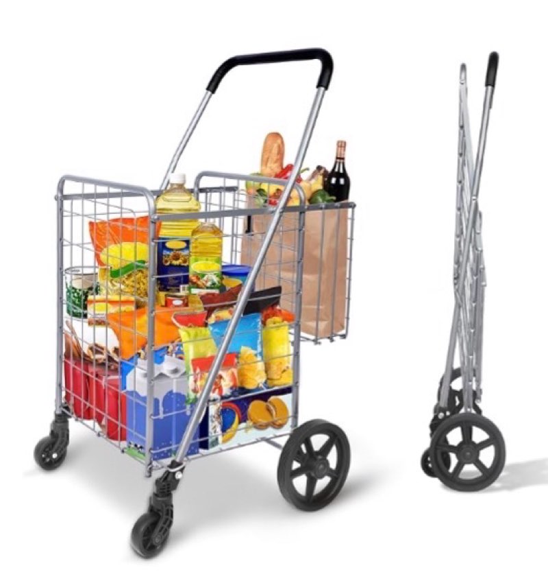 whitmor utility folding shopping cart, 115l heavy duty grocery cart with double basket, 360° swivel 