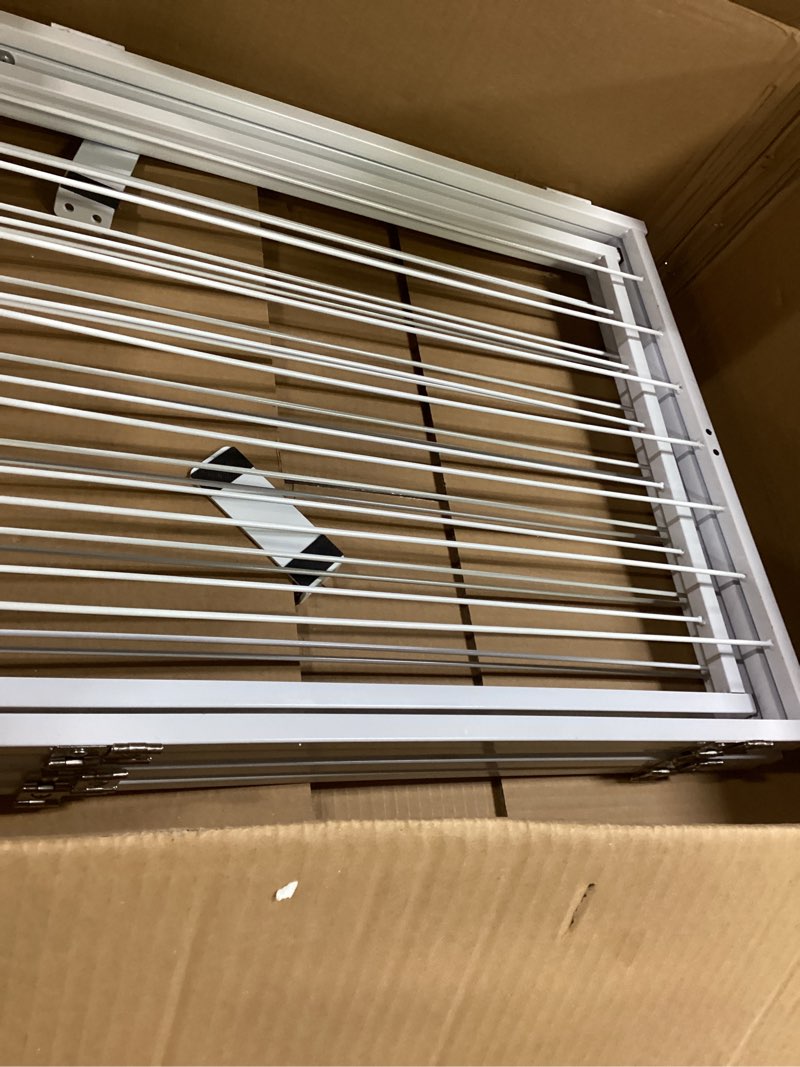 Condition photo showing As Is for Metal Freestanding Dog Gates with Door for Outdoor Indoor,80'' Extra Wide 32'' Tall Free Standing Dog Gate for Doorways,Large Openings,Deck,Yard,Porch,Foldable Pet Fence(White,4 Panels) White ?4 Panels with Door? 32''H*80''W