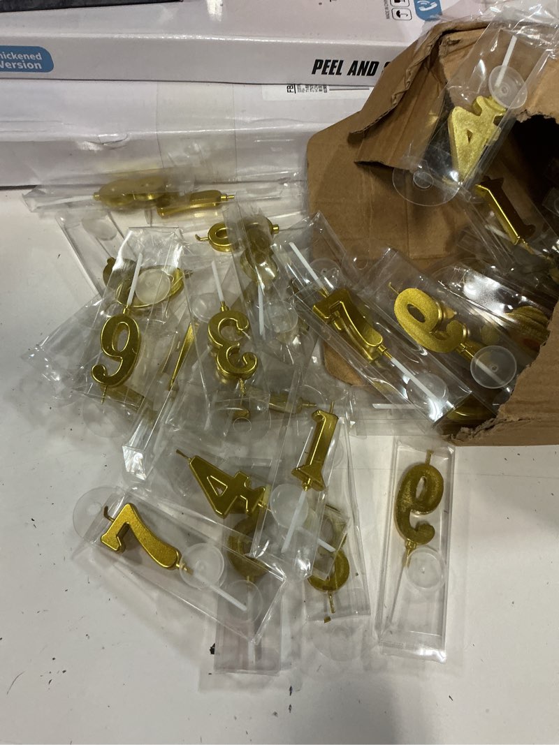 Condition photo showing As Is for treela 100 pieces number birthday candles bulk, 3.94 inch gold numeral 0-9 candles for birthday cakes, glitter cake topper decoration for wedding anniversary celebration and party