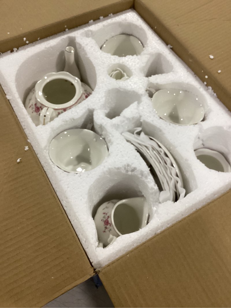 Condition photo showing Good Condition for fanquare vintage porcelain tea set for women tea party, cup and saucer set for 6, wedding floral teapot set for adults, pink rose