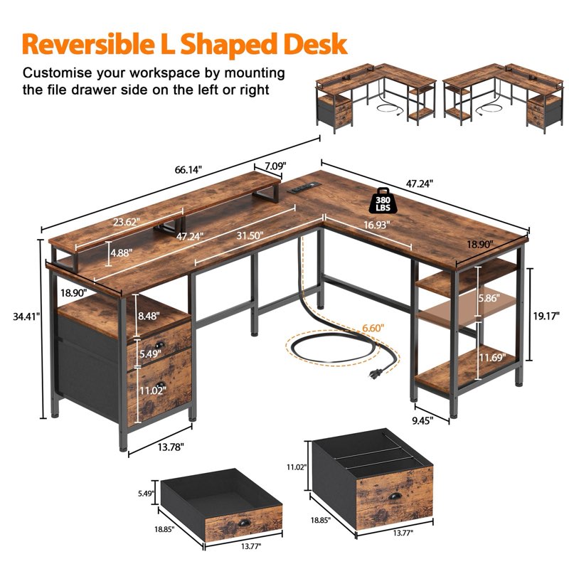 furologee 66" l shaped computer desk with power outlet & led lights, reversible corner home office d