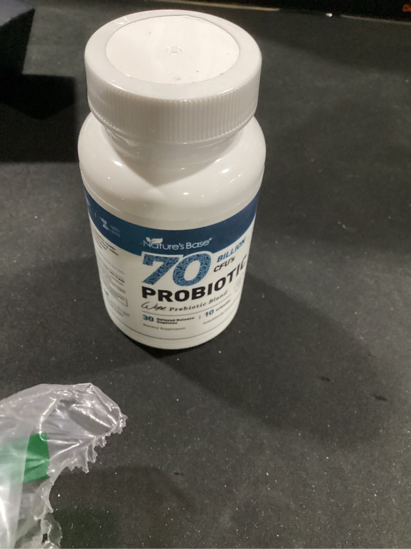 Condition photo showing New/Like New for (exp 05/2027) nature's base probiotics 70 billion cfu with prebiotics for women & men | 10 strains incl. lactobacillus & bifidobacterium, fos prebiotic, digestive support, vegan, non-gmo, 30 capsules 30 count (pack of 1)