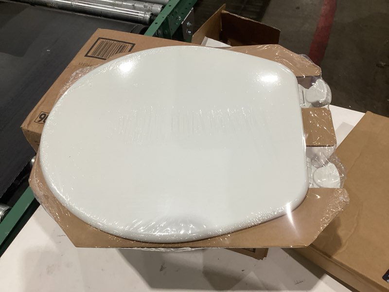 Condition photo showing Good Condition for church toilet seat, easy clean hinges release for deep cleans, durable enameled wood seat, round, white round white