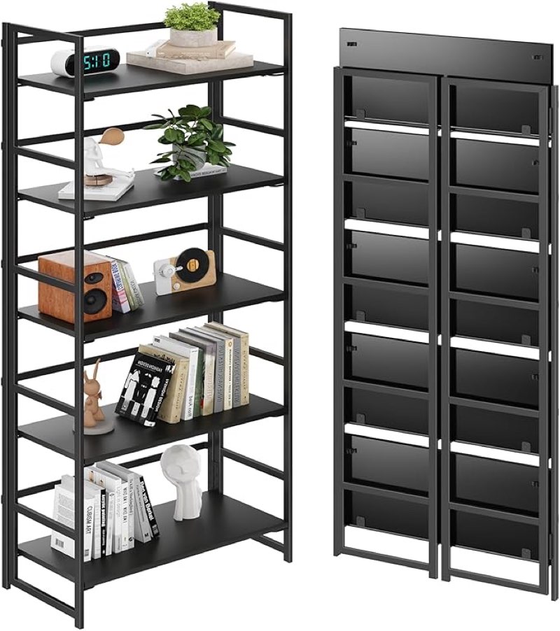 BHG Vintage Multifunctional Folding Bookshelf, No-Assembly Plant Stand Storage Rack Shelves for Home Office (All Black, 4-Tier) 4-tier All Black 