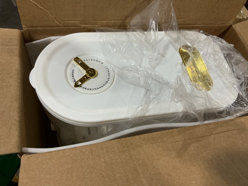 Condition photo showing Good Condition for Sooyee 11Lbs Rice Dispenser, Large Grain Container Storage with Lid Measuring Cylinder Moisture Proof Household Cereal Dispenser Bucket for Kitchen Soybean Corn,Clear and White 11 Lbs Clear