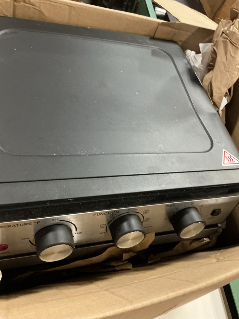 Condition photo showing As Is for moss & stone air fryer oven, 6-in-1 toaster oven 23 quart, airfryer toaster oven for roast, bake, broil, stainless steel accessories included, black convection oven countertop.