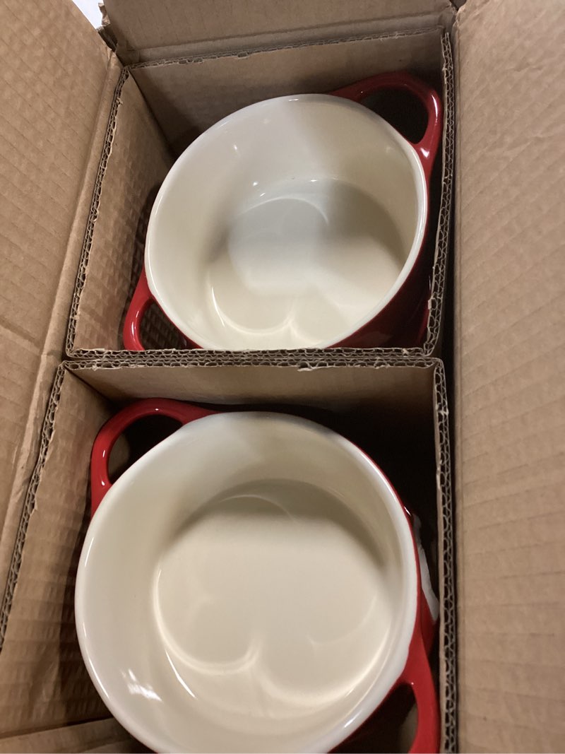 Condition photo showing Good Condition for kook ceramic mini cocotte set, small casserole dishes with lids and handles, individual baking ramekins, oven safe 350f, microwave & dishwasher safe, stoneware, 12 oz, set of 4, (crimson ombre)