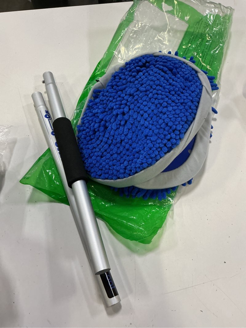 Condition photo showing As Is for 62" car wash brush mop kit with long handle, 2 in 1 chenille microfiber sponge mitt cleaning detailing duster for washing cars truck suv rv caravans and household(2 x mop head) (blue)
