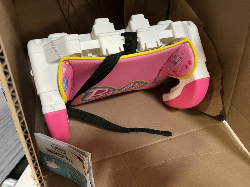 Condition photo showing Good Condition for graco turbobooster 2.0 backless booster car seat, barbie, travel booster seat for children ages 4-10, weight 40-100 pounds and height up to 57 inches barbie painterly