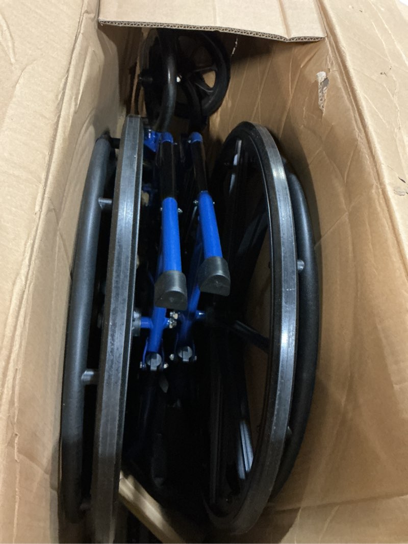 Condition photo showing As Is for drive medical blue streak lightweight wheelchair - portable folding mobility aid - swing-away footrests - desk arms - durable steel frame - easy transport & storage - 18-inch seat 18 inch