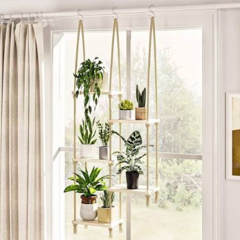 Window Plant Shelves, 3-Tier Boho Window Sill Plant Shelf with 35 Inch Macrame Plant Hanger, Indoor