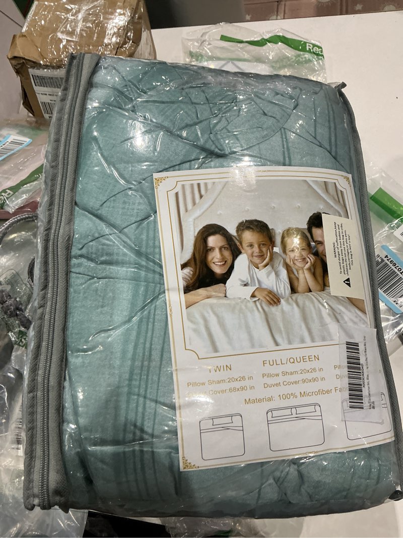 Condition photo showing Good Condition for king size comforter set, blue, grey and teal striped pattern print reversible down alternative bed sets - 104 x 90 3pc soft microfiber duvet sets modern abstract bedding in a bag for women men, gray king blue & grey striped comforter set