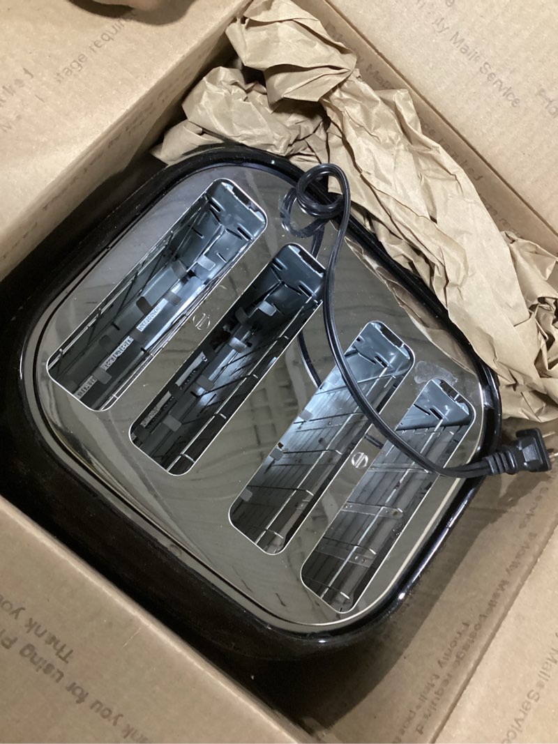 Condition photo showing As Is for BLACK+DECKER 4-Slice Toaster, Extra Wide Slots, 7 Shade Settings, 1400 Watts, Frozen and Bagel Buttons, Toast Shade Selector, Extra Lift 4-Slice Black