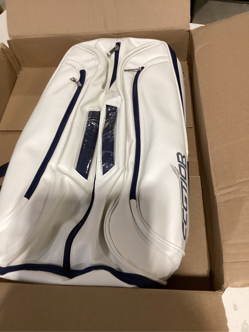Condition photo showing As Is for tennis racket bag, white and gray backpack with padded straps, professional sports equipment storage case