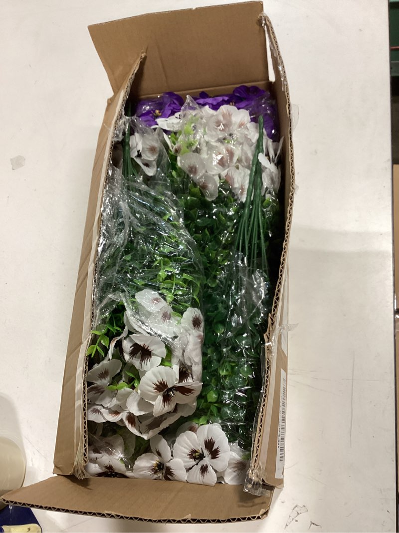 Condition photo showing Good Condition for 36 pcs artificial fake pansy flowers for outdoor, faux silk pansies spring flowers for outside for planter front door porch yard patio window box home decor (36, purple, yellow, white) purple, yellow, white 36