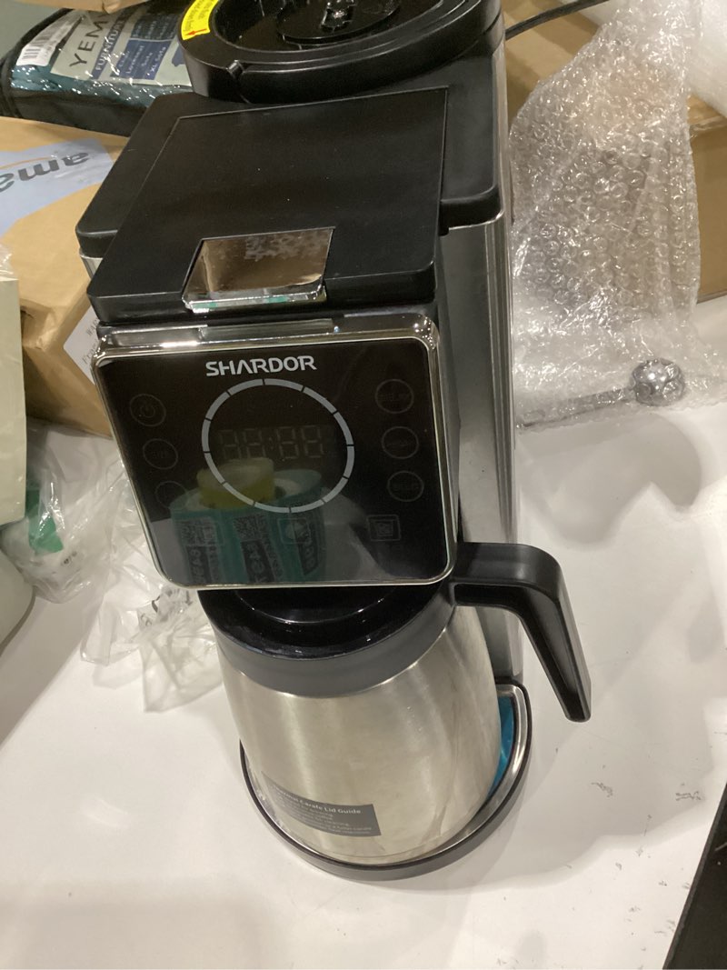 Condition photo showing As Is for shardor programmable 5 cup drip coffee maker, single serve hot & iced coffee machine for k cup & grounds, 95oz removable reservoir, 6–24oz brew size, strong brew, stainless steel thermal carafe, black, not tested, incomplete