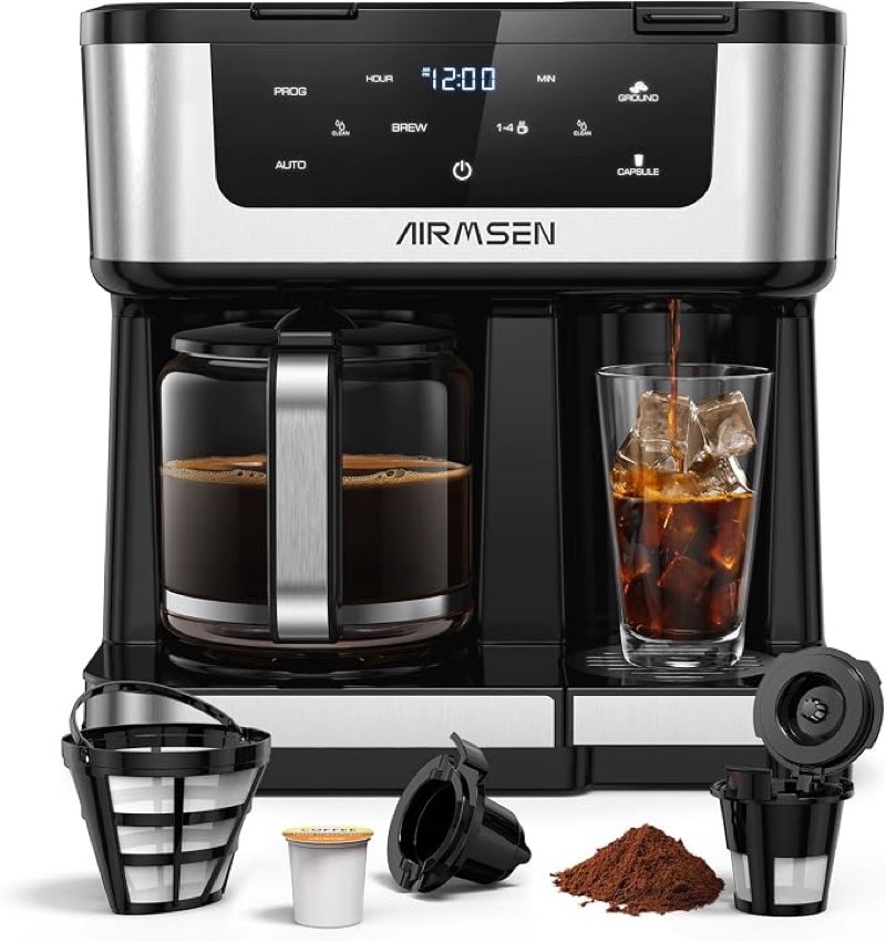 airmsen 12-cup programmable dual coffee maker – single-serve machine for k-cup capsules and ground coffee, 1000w fast brewing, delay start, keeps warm for 2h, touchscreen