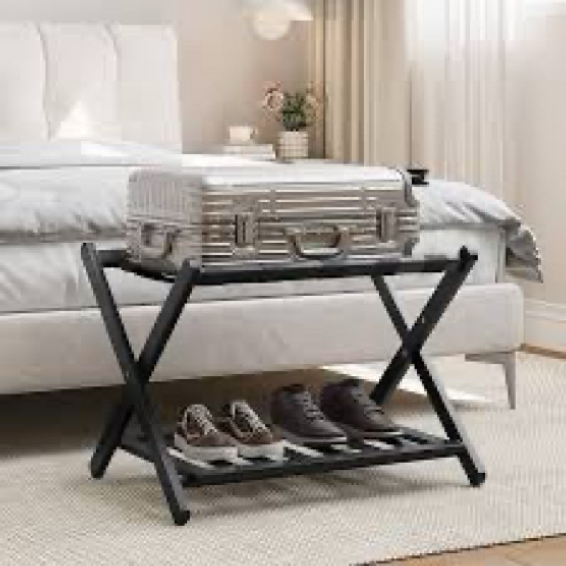 fully assembled black luggage rack for guest room, bamboo folding suitcase stand with fabric storage