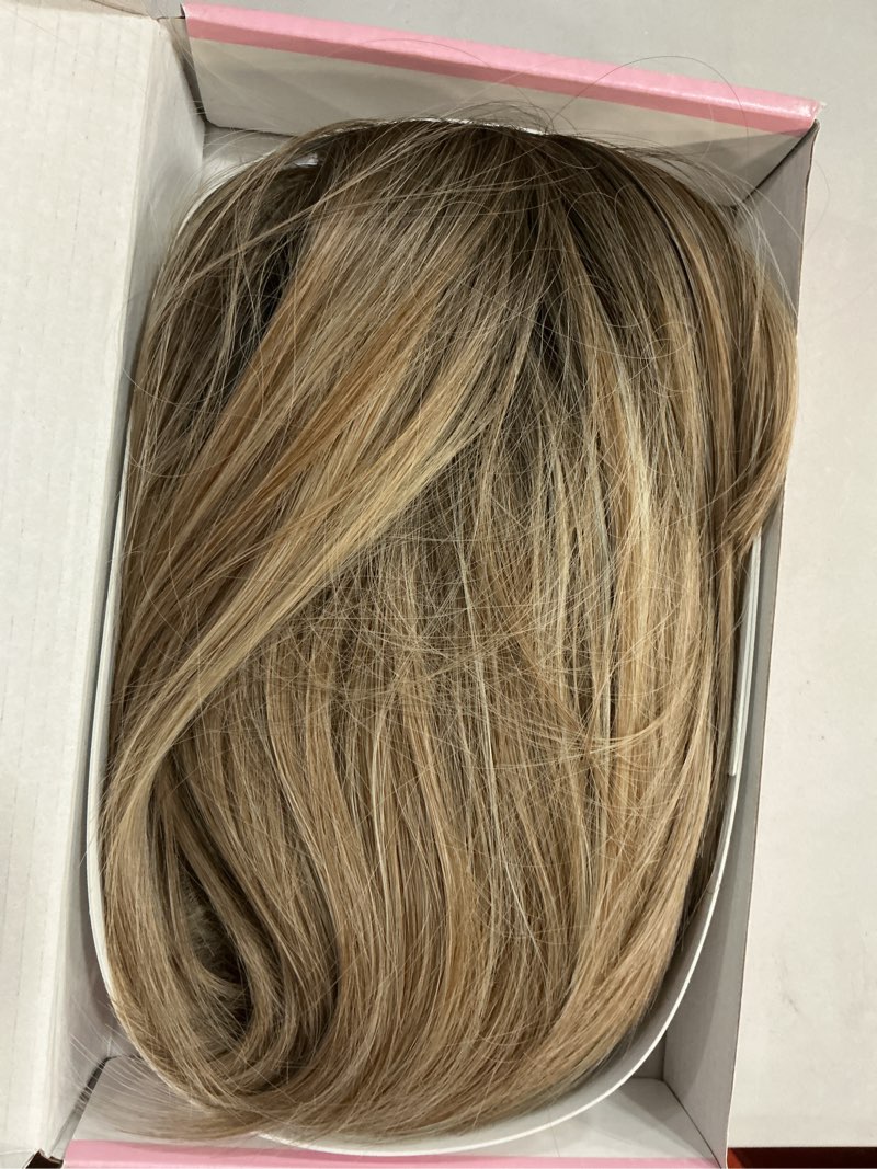 Condition photo showing Good Condition for layered ombre honey blonde wigs for white women with bangs, synthetic straight short haircuts wig natural looking lightweight glueless blonde bob wig for thinning hair lady daily wear 12 inch ombre honey blonde