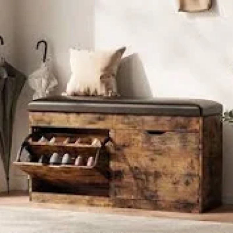 8 pair shoe storage bench with lift top, 2 flip drawers & padded seat cushion - entryway, hallway, living room shoe organizer cabinet serkis