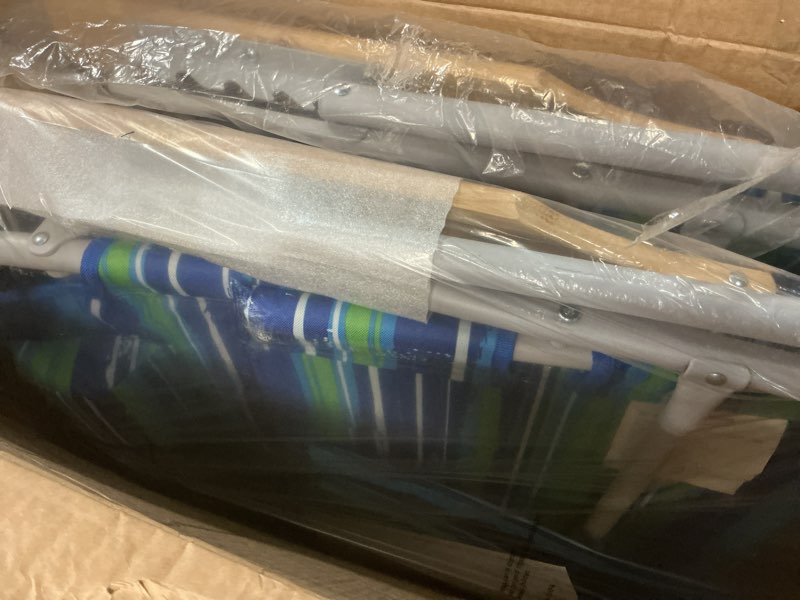 Condition photo showing New/Like New for tall beach chairs for adults, 17" high backpack beach chair with wooden armrests, 5 positions reclining heavy duty chair with large cooler pouch, support to 350lbs striped blue&green,2pack striped blue&green 2