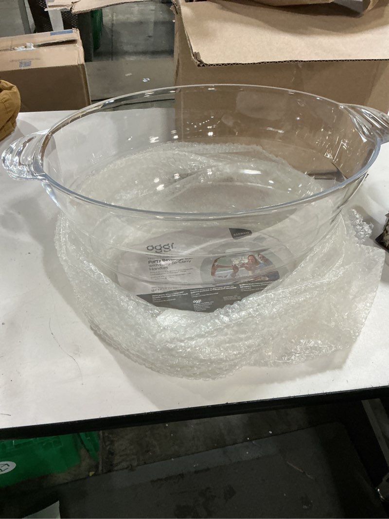 Condition photo showing New/Like New for Oggi Acrylic Oval Party Tub - Clear Beverage Cooler w/Handles, Wine Cooler, Beer Chiller, Ideal Party Tubs for Drinks, Use Ice Tub for Indoor or Outdoor Bars, 18.5" x 11" Oval Party Tub 18.5-Inch by 11-Inch