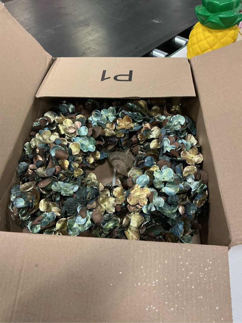 Condition photo showing As Is for Worth Imports 15" Hydrangea Twig Base Wreath, Blue,Purple