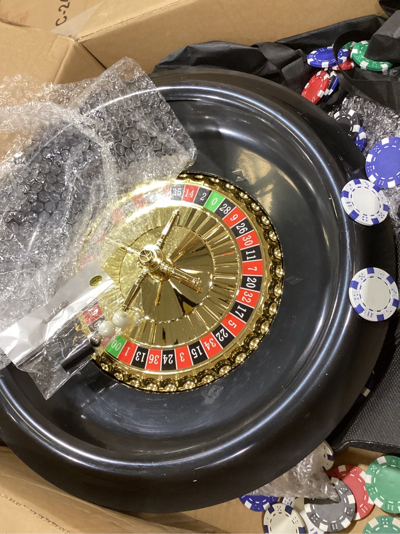 Condition photo showing Good Condition for roulette wheel game set include 16'' black roulette wheel 35" x 16" rubber tabletop layout mat, 100 chips dealer button win marker casino game sets gift ideas(black)