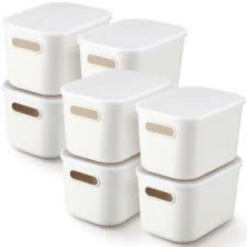 Tuanse 8 Pieces White Plastic Storage Bins with Lids, Stackable Storage baskets with Handle Containe