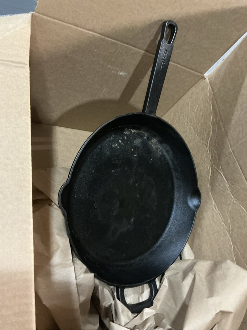 Condition photo showing As Is for greenpan x bobby flay 12” cast iron pre-seasoned skillet with helper handle, professional grade heavy duty, induction, pour spouts, versatile stovetop, oven, bbq grill fire, indoor/outdoor use, black 12" cast iron skillet black