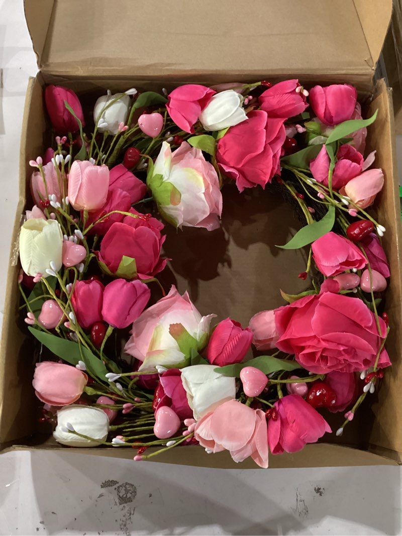 Condition photo showing New/Like New for Artifical Valentine's Day Wreath 20 Inches Valentines Wreaths for Front Door Valentines Door Wreath Valentines Floral Wreaths with Rose Tulips Flowers for Wall Window Porch Home Wedding Party